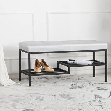 Imagem de Banco de cama luxuoso tufado, sapateira moderna para varanda de corredor, prateleira organizadora de nível, banco de armazenamento de sapatos de entrada com almofada de veludo - preto 100 x 35 x 45 cm