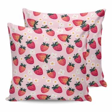 Imagem de Capas de almofada para atividades ao ar livre verão vermelho morango em rosa, capa de travesseiro impermeável, protetores de travesseiro macios, fronha branca com flores pequenas para sofá, sofá