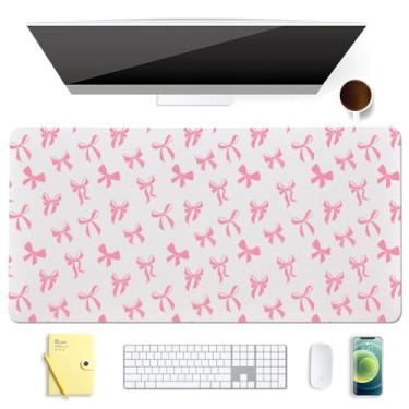Imagem de BlHMCASE Lindo tapete de mouse kawaii com laço rosa branco estendido para jogos, protetor de couro antiderrapante para mesa de escritório em casa, tapete de mesa para laptop