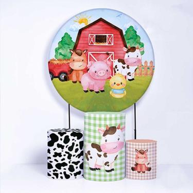 Imagem de Kit Painel de Festa Redondo de 1,30m e Trio de Cilindros Fazendinha - Fera Print