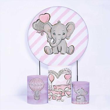 Imagem de Kit Painel de Festa Redondo de 1,50m e Trio de Cilindros Elefantes - Fera Print