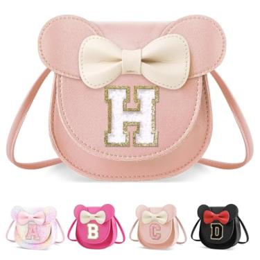 Imagem de XSUIOY Bolsa infantil para meninas, presente de aniversário para crianças, bolsa infantil com inicial personalizada, lindo laço de orelha, presente de menina, Pequeno-rosa-branco, H, H