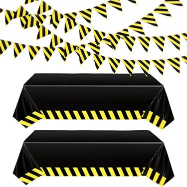 Imagem de Remagr 6 Pcs Construction Tablecloth Banner Birthday Party Supplies Decorations 4 Banners 2 Table Cloths Workplace Safety Decor Dump Truck Excavator Party Favors(Black,Trendy)