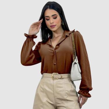 Imagem de Camisa Social Feminina Manga Longa Bufante Lastex Botões Duna - Swiss 