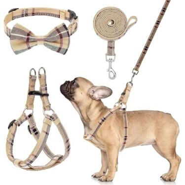 Imagem de Conjunto de arnês para cães com coleira e gravata borboleta – Peitoral xadrez bege para filhotes, à prova de fuga, ajustável, sem puxão, para caminhadas ao ar livre, adequado para cães pequenos, médios e grandes