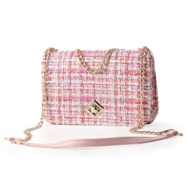 Imagem de KERYHEBN Bolsa de ombro feminina xadrez tweed grande capacidade corrente transversal bolsas quadradas noite, bolsa de mão feminina de lã clutch, Rosa - 1