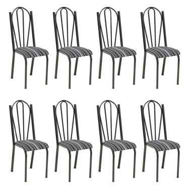 Imagem de Kit 8 Cadeiras De Cozinha Alasca Estampado Preto Listrado Pés De Ferro Cromo Preto - Pallazio