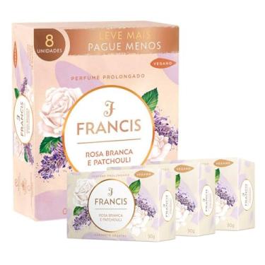 Imagem de Kit 8 Sabonetes Vegetal Vegano Francis 90g Rosa Branca e Patchouli Perfume Prolongado