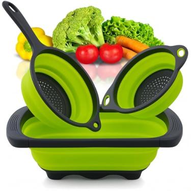 Imagem de Conjunto de coador de cozinha dobrável verde com 3 peças – escorredor de silicone, coador e escorredor, verde para cozinha, ferramentas de drenagem compactas dobráveis para preparação de cozinha