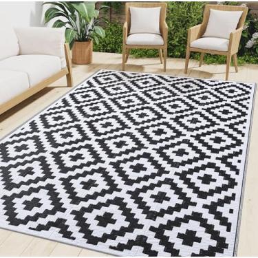 Imagem de Smiry Tapete impermeável para ambientes externos, 2,5 x 45 m, tapetes de plástico reversível, tapete de acampamento para pátio, entrada externa, quintal, deck, piquenique, campista, preto e branco