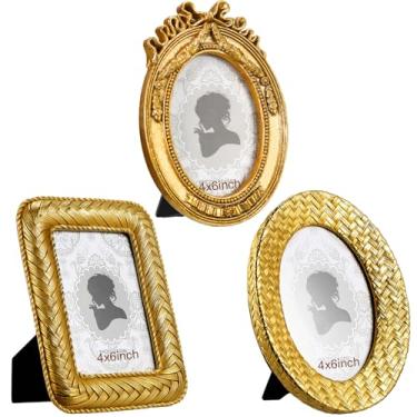 Imagem de Vicenpal 3 porta-retratos pequenos, porta-retratos pequenos, vintage, ovais, dourados, vintage, barroco, ornamentado, antigo, exibição de mesa, moldura oval de resina, para casamento em casa (10 x 15