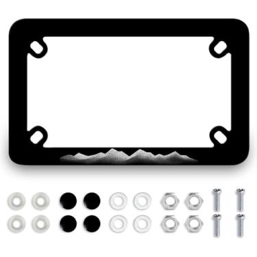 Imagem de Moldura de placa de carro de motocicleta de montanha de aço inoxidável à prova d'água cenário de metal engraçado suporte de etiqueta preta montanhas acessório de motocicleta 4 furos com parafusos