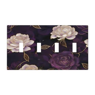 Imagem de Spshian Flores brancas roxas folhas douradas 4 capas de interruptor de luz decorativa quadriciclo placa de parede 4 furos dispositivo elétrico placa de interruptor dimmer para decoração de quarto