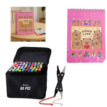 Imagem de Canetinhas 80 Cores Livro Pintar Capivara Fofa Divertida 50 Paginas Desenho Pintura Hobbie Lazer