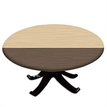Imagem de Toalha de mesa redonda de madeira com borda elástica, estampa de textura de prancha de madeira, design de impressão 3D, pano de decoração de mesa, festa de buffet e acampamento, adequada para mesa de