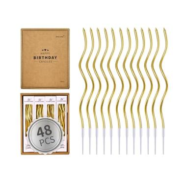Imagem de PHD CAKE Velas de aniversário metálicas longas e finas espirais douradas de 48 unidades, velas de bolo, festas de aniversário, decorações de casamento, velas de festa