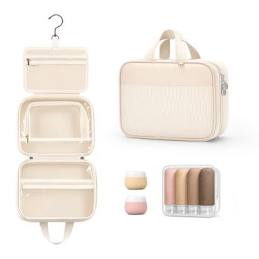 Imagem de Lotour Bolsa de Higiene Pessoal de Viagem para Mulheres com Conjunto de Recipientes de Silicone Tamanho de Viagem, Bolsa de Higiene Pessoal Pendurada para Produtos de Higiene Pessoal, Bolsa de