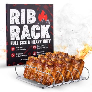 Imagem de Rack de costelas para fumar e grelhar, comporta até 4 prateleiras completas de costelas, design dobrável, serve para fumador a gás grande ou churrasqueira a carvão, acessório perfeito para churrasco