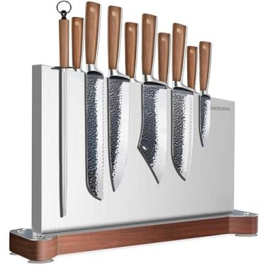 Imagem de Nanbone Bloco magnético de facas sem facas, suporte magnético grande de dois lados com ímã forte, organizador de armazenamento de facas de aço inoxidável para balcão de cozinha, suporte de três tiras