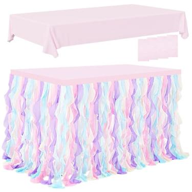 Imagem de FoldTier Saia de mesa de tule tutu com babados e salgueiro de 1,8 m e toalhas de mesa de plástico para mesa retangular com organza encaracolada de camada dupla para sereia unicórnio festa de