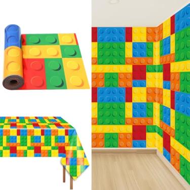 Imagem de party greeting Blocos de montar, rolo de toalha de mesa, 30 m x 128 cm, blocos coloridos descartáveis, blocos coloridos, coberturas de mesa de plástico, rolo de parede para decoração de festa de