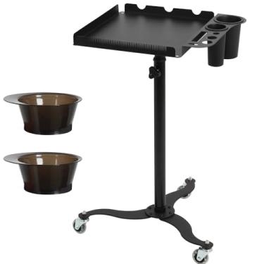 Imagem de Bandeja de salão com plataforma de armazenamento, 2 tigelas magnéticas, bandeja de tatuagem com carrinho de rodas, equipamento de bandeja de salão de beleza de altura ajustável, suporte de