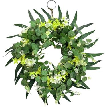 Imagem de Guirlanda de mola de simulação feita à mão de 50 cm com folhas de eucalipto/flor sintética de tecido branco e amarelo, adequada para todas as estações, decoração interna e externa, ganchos de ferro, 1