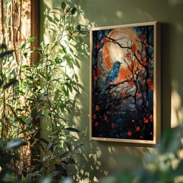 Imagem de Quadro Decorativo Pássaro Azul Lua Cheia Com Moldura Arte Noturna Vidro Colorido Natureza Mosaico Moderno Poético Parede
