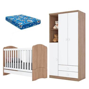 Imagem de Berço Nacional e Guarda Roupa Infantil Bala de Menta Rústico Branco co