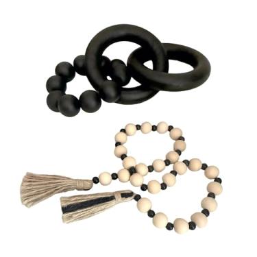 Imagem de 2 peças decorativas de madeira nó corrente decoração e contas boho fazenda rústica decoração de mesa de casa conjunto de guirlanda prateleira decoração de mesa de centro (preto)
