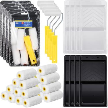 Imagem de Menkxi 4 pacotes de kit de rolo de pintura de 10 cm, cada um incluindo 8 pacotes de capas de rolo de espuma pequenas de 10 cm, bandeja e forro para casa, artesanato, festas de fim de ano