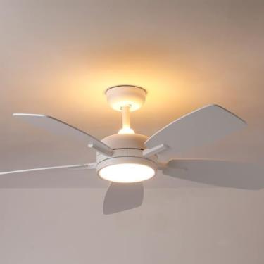 Imagem de Roomratv Ventiladores de teto com luzes, 116 cm, controle remoto, luz noturna, regulável, reversível, silencioso, 6 velocidades, temporizador, ventilador de teto moderno branco para sala de estar