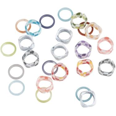 Imagem de SUNNYCLUE 1 caixa, 24 peças, 3 estilos, anéis coloridos de plástico, anel de dedo de resina de cor misturada aleatória com padrão xadrez grosso e moderno, joia fina empilhável para dedos acessórios