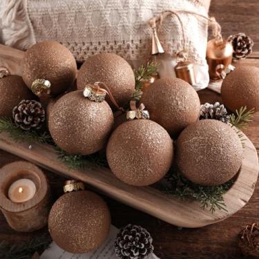 Imagem de Yunlly 12 peças de bolas de Natal de cobre marrom ornamentos vintage terracota texturizada decoração de árvore de Natal bola pendurada à prova de estilhaçamento com laço para guirlanda de natal neutra