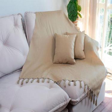 Imagem de Kit 1 Manta e 2 Capas de Almofada em Tecido Jacquard Falso Liso Bege E