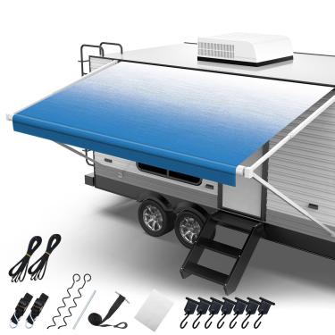 Imagem de Fonzier Tecido De Reposição Para Toldo Trailer 18 Oz, Vinil Resistente, Com Kits Amarração E 7 Ganchos 13 Pés (Tecido 12 2 Polegadas), Azul Desbotado, Qv0404L-A08+Qv0001B