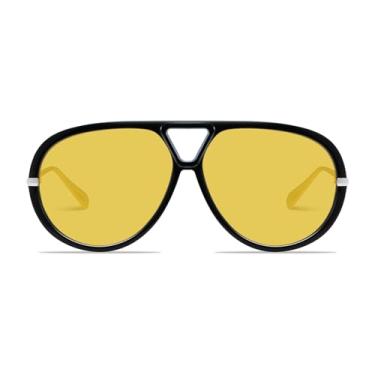 Imagem de GRFISIA Óculos de sol aviador retrô para mulheres, homens, modernos, grandes, redondos, óculos escuros vintage, (1 peça) preto/amarelo, 1 Pack
