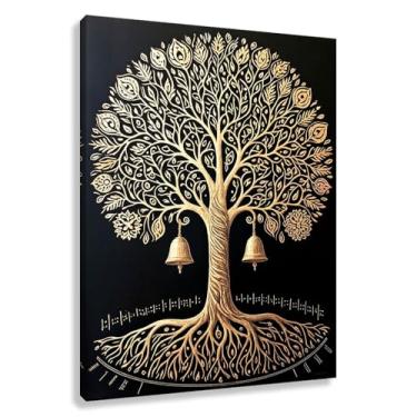 Imagem de Árvore da Vida Arte de Parede Impressão em Tela Vida Dourada com Raízes de Árvore Sinos Decoração para Sala de Estar 45x60cmx1