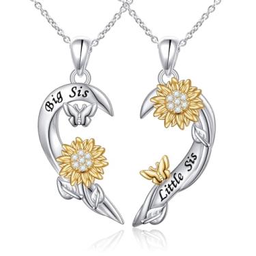 Imagem de Lonyinlg Conjunto de colar de irmã para 2 colares de girassol combinando para mulheres, presentes de aniversário da irmã Bestie, colar de coração para mulheres