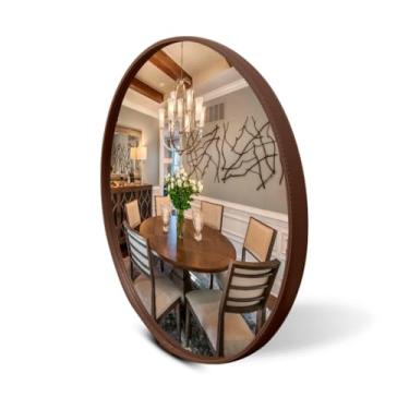 Imagem de Espelho Couro costurado + suporte fixo 60cm 50cm 40cm 30cm Sala Quarto Banheiro Hall(Kit 2 40cm - Café)