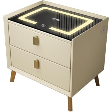 Imagem de Mesa De Cabeceira Inteligente, Mesa De Cabeceira Multifuncional Com Luzes Led E Estação De Carregamento Sem Fio, Mesa De Cabeceira Com 2 Gavetas, Mesa De Cabeceira Peque, Beige+gold, L-45cm