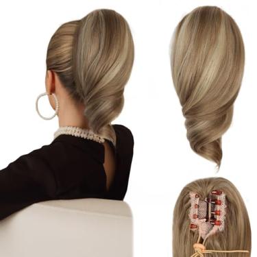 Imagem de Rabos de cavalo femininos com clipe - extensão de rabo de cavalo curto de 30,5 cm, extensões de cabelo cacheado, extensões de cabelo sintético, rabo de cavalo com clipe (loiro escuro com destaques