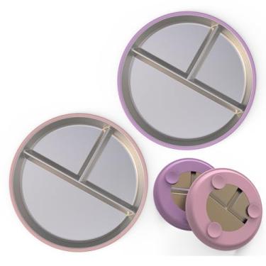 Imagem de Aufuga Prato infantil de aço inoxidável com sucção – Pratos divididos para bebês com mangas de silicone removíveis | Antiderrapante, inquebrável, sem BPA | Perfeito para crianças (redondo_rosa/roxo)