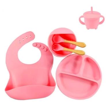 Imagem de Kit Refeição Infantil com 6 Peças em Silicone Antiderrapante Inclui Prato Tigela Copo Talheres e Babador Ajustável (Salmão)