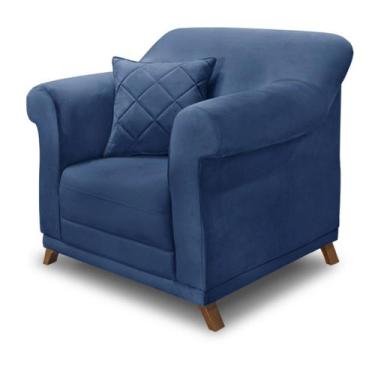 Imagem de Poltrona Decorativa em Suede Azul Marinho com Pés de Madeira - Amsterd