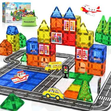 Imagem de Magnetic Tiles Road Set Matchtiles com carros para crianças de 3 anos 