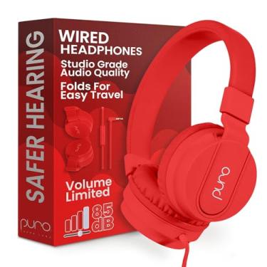 Imagem de Fone de ouvido com fio e limitação de volume PuroBasic para crianças, meninos, meninas 2+ Head Phone dobrável e ajustável e microfone embutido, compatível com iPad, iPhone, Android, PC e Mac - da Puro Sound Labs, vermelho