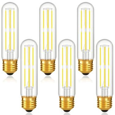 Imagem de Lâmpada LED regulável E26 T10 6W (equivalente a 60 W), lâmpada tubular tipo T, lâmpadas finas longas para armário curioso, luz de piano, lustre, cabana, luz do dia 5000K 600LM, pacote com 6