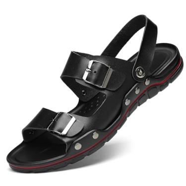 Imagem de EGEBS Sandálias masculinas de couro com fivela plana com alça dupla ajustável, moderna, cravejada, respirável, bico aberto, sola macia, sem cadarço, sandálias de praia antiderrapantes para o verão