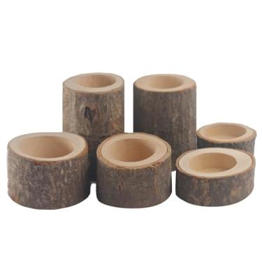 Imagem de Runseaway Conjunto de 6 castiçais de luz de chá de madeira personalizados, suportes de luz de chá votivos de madeira rústica para centros de mesa de casamento, festas de aniversário, decoração de casa